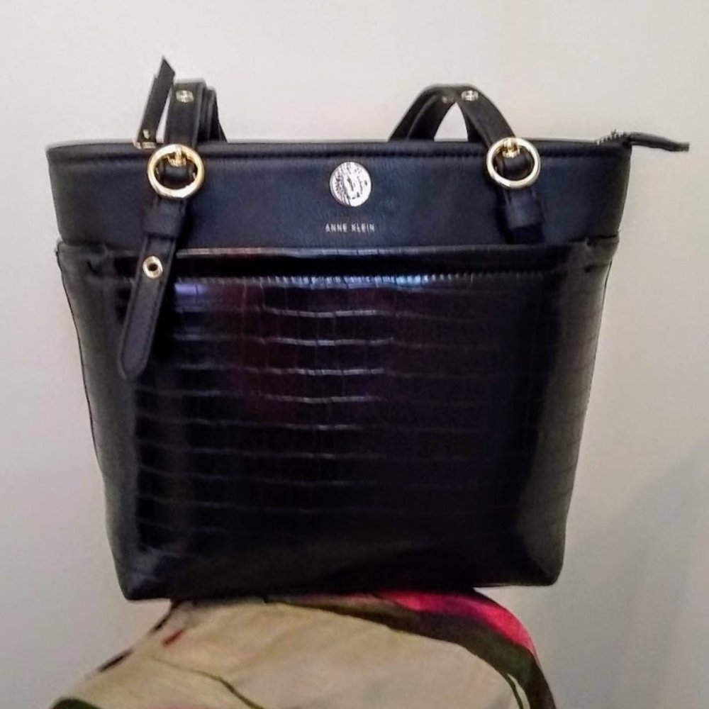 Anne Klein Black Croc Shopper Tote